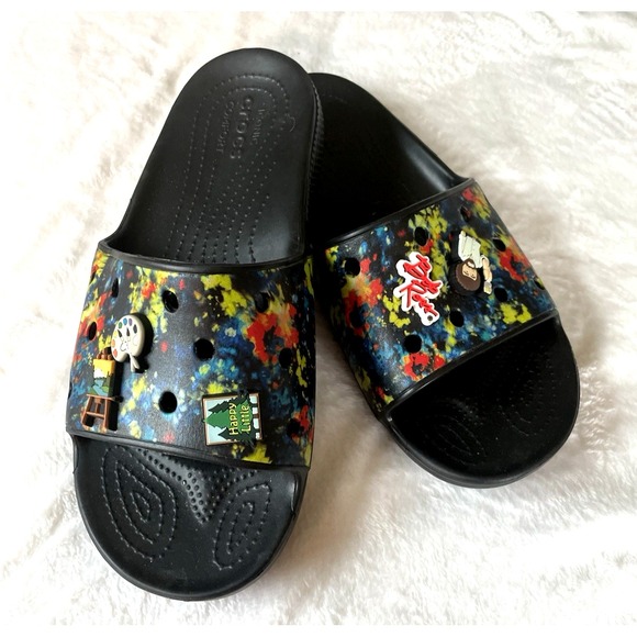 Crocs Slides Sandals Mens Size‎ 11 Unisex Tie Dye Graphic Rare Bob Ross Jibbitz main image 6